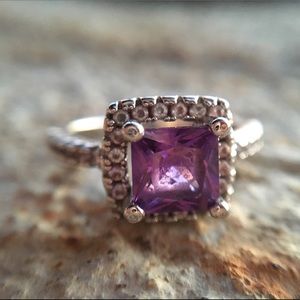Princess Cut Purple Stone Ring with Halo